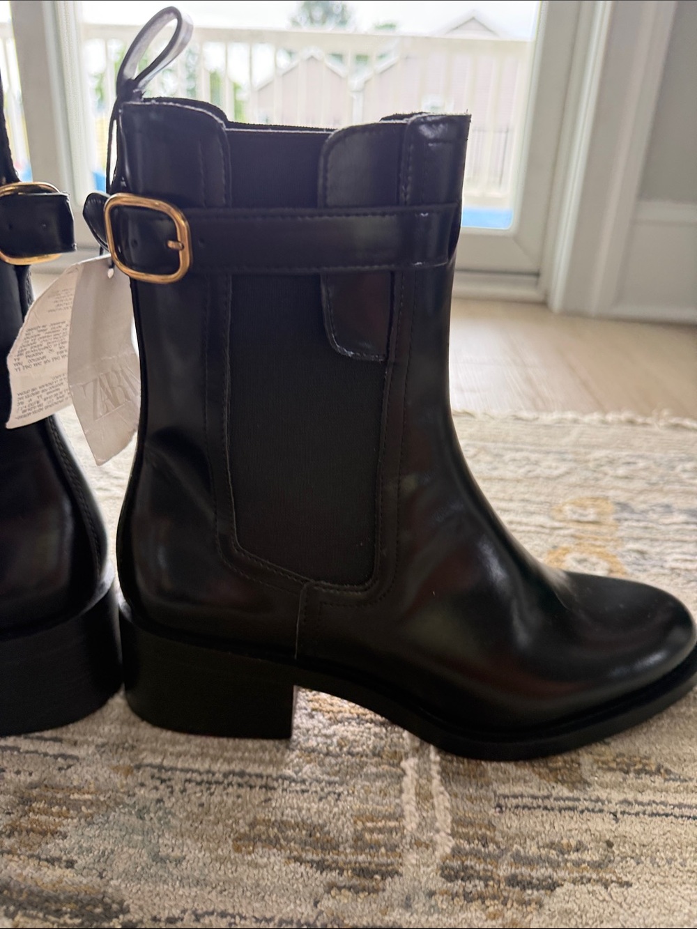 Zara Black Leather Ankle Boots with Gold Buckle